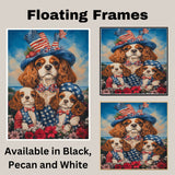 Mother Cavalier King Charles Spaniel and Puppies in Patriotic Starry Outfits with Festive Hat Oil Painting on Ready to Hang 1.5" Thick Canvas Wrap, Floating Framed Canvas, Flat Rolled Canvas