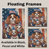 Cavalier King Charles Spaniel Mother and Puppies in Patriotic Hats with American Flag Background Oil Painting on Ready to Hang 1.5" Thick Canvas Wrap, Floating Framed Canvas, Flat Rolled Canvas