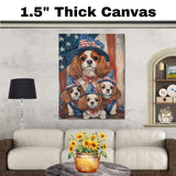 Cavalier King Charles Spaniel Mother and Puppies in Patriotic Hats with American Flag Background Oil Painting on Ready to Hang 1.5" Thick Canvas Wrap, Floating Framed Canvas, Flat Rolled Canvas