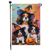 Cavalier King Charles Spaniel Witch Hat Garden Flag for Halloween Pumpkin Bats Autumn Yard Banner for Outside Spooky Decoration for Fall Party Lawn Decor