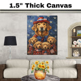 Chesapeake Bay Retriever Mom with Four Puppies in American Flag Outfits and Starry Background Oil Painting on Ready to Hang 1.5" Thick Canvas Wrap, Floating Framed Canvas, Flat Rolled Canvas