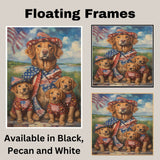 Chesapeake Bay Retriever Mother and Puppies in Patriotic Outfits with American Flag and Coastal Background Oil Painting on Ready to Hang 1.5" Thick Canvas Wrap, Floating Framed Canvas, Flat Rolled Canvas