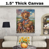 Chesapeake Bay Retriever Mother and Puppies in Patriotic Outfits with American Flag and Coastal Background Oil Painting on Ready to Hang 1.5" Thick Canvas Wrap, Floating Framed Canvas, Flat Rolled Canvas