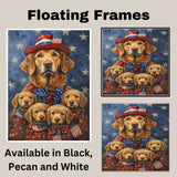 Chesapeake Bay Retriever Mom with Four Puppies in American Flag Outfits and Starry Background Oil Painting on Ready to Hang 1.5" Thick Canvas Wrap, Floating Framed Canvas, Flat Rolled Canvas