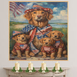 Chesapeake Bay Retriever Mother and Puppies in Patriotic Outfits with American Flag and Coastal Background Oil Painting on Ready to Hang 1.5" Thick Canvas Wrap, Floating Framed Canvas, Flat Rolled Canvas