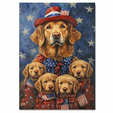Chesapeake Bay Retriever Mom with Four Puppies in American Flag Outfits and Starry Background Oil Painting on Ready to Hang 1.5" Thick Canvas Wrap, Floating Framed Canvas, Flat Rolled Canvas