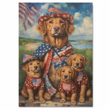 Chesapeake Bay Retriever Mother and Puppies in Patriotic Outfits with American Flag and Coastal Background Oil Painting on Ready to Hang 1.5" Thick Canvas Wrap, Floating Framed Canvas, Flat Rolled Canvas