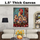 Mother Chicken with Three Baby Chicks in Patriotic Bandanas and Hats Oil Painting on Ready to Hang 1.5" Thick Canvas Wrap, Floating Framed Canvas, Flat Rolled Canvas