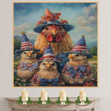 Mother Chicken with Three Baby Chicks in Patriotic Outfits and Hats American Flag Oil Painting on Ready to Hang 1.5" Thick Canvas Wrap, Floating Framed Canvas, Flat Rolled Canvas