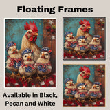 Mother Chicken with Three Baby Chicks in Patriotic Bandanas and Hats Oil Painting on Ready to Hang 1.5" Thick Canvas Wrap, Floating Framed Canvas, Flat Rolled Canvas