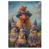 Mother Chicken with Three Baby Chicks in Patriotic Outfits and Hats American Flag Oil Painting on Ready to Hang 1.5" Thick Canvas Wrap, Floating Framed Canvas, Flat Rolled Canvas