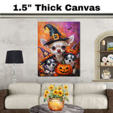 Chihuahua Dog Halloween Canvas Wall Art with Pumpkins Rustic Fall Accent for Cozy Autumn Home Decoration on Ready to Hang 1.5" Thick Canvas Wrap, Floating Framed Canvas, Flat Rolled Canvas