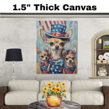 Mother Chihuahua with Three Puppies in Stars and Stripes Outfits Oil Painting on Ready to Hang 1.5" Thick Canvas Wrap, Floating Framed Canvas, Flat Rolled Canvas