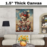 Mother Chihuahua with Three Puppies in Patriotic Outfits Oil Painting on Ready to Hang 1.5" Thick Canvas Wrap, Floating Framed Canvas, Flat Rolled Canvas