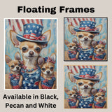Mother Chihuahua with Three Puppies in Stars and Stripes Outfits Oil Painting on Ready to Hang 1.5" Thick Canvas Wrap, Floating Framed Canvas, Flat Rolled Canvas