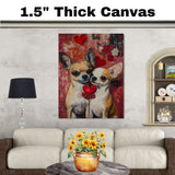 Chihuahua Couple with Hearts Romantic Dog Artwork for Animal Lovers and Cozy Home Decor on Ready to Hang 1.5" Thick Canvas Wrap, Floating Framed Canvas, Flat Rolled Canvas