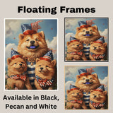 Mother Chow Chow with Three Puppies in Patriotic Outfits and Party Hats on Ready to Hang 1.5" Thick Canvas Wrap, Floating Framed Canvas, Flat Rolled Canvas