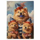 Mother Chow Chow with Three Puppies in Patriotic Outfits and Party Hats on Ready to Hang 1.5" Thick Canvas Wrap, Floating Framed Canvas, Flat Rolled Canvas