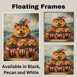 Mother Chow Chow and Three Puppies in Patriotic Outfits by a Peaceful Lake on Ready to Hang 1.5" Thick Canvas Wrap, Floating Framed Canvas, Flat Rolled Canvas