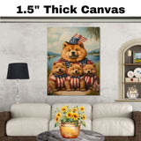 Mother Chow Chow and Three Puppies in Patriotic Outfits by a Peaceful Lake on Ready to Hang 1.5" Thick Canvas Wrap, Floating Framed Canvas, Flat Rolled Canvas