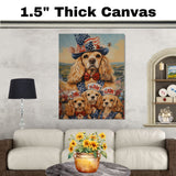 Mother Cocker Spaniel and Three Puppies in Patriotic Vests and USA Top Hats on Ready to Hang 1.5" Thick Canvas Wrap, Floating Framed Canvas, Flat Rolled Canvas