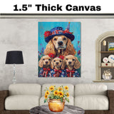 Mother Cocker Spaniel and Three Puppies in Patriotic Blue Coats and Top Hats on Ready to Hang 1.5" Thick Canvas Wrap, Floating Framed Canvas, Flat Rolled Canvas