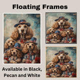 Mother Cocker Spaniel and Three Puppies in Patriotic Outfits with Stars and Flowers on Ready to Hang 1.5" Thick Canvas Wrap, Floating Framed Canvas, Flat Rolled Canvas