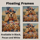 Mother Cocker Spaniel and Three Puppies in Patriotic Vests and USA Top Hats on Ready to Hang 1.5" Thick Canvas Wrap, Floating Framed Canvas, Flat Rolled Canvas