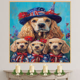 Mother Cocker Spaniel and Three Puppies in Patriotic Blue Coats and Top Hats on Ready to Hang 1.5" Thick Canvas Wrap, Floating Framed Canvas, Flat Rolled Canvas