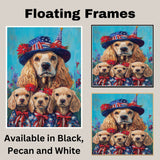 Mother Cocker Spaniel and Three Puppies in Patriotic Blue Coats and Top Hats on Ready to Hang 1.5" Thick Canvas Wrap, Floating Framed Canvas, Flat Rolled Canvas