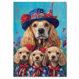 Mother Cocker Spaniel and Three Puppies in Patriotic Blue Coats and Top Hats on Ready to Hang 1.5" Thick Canvas Wrap, Floating Framed Canvas, Flat Rolled Canvas