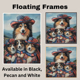Mother Collie Dog and Three Puppies Wearing Patriotic Hats and American Flag Capes on Ready to Hang 1.5" Thick Canvas Wrap, Floating Framed Canvas, Flat Rolled Canvas
