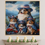 Mother Collie Dog and Three Puppies in Patriotic Hats and Capes by a Mountain Lake on Ready to Hang 1.5" Thick Canvas Wrap, Floating Framed Canvas, Flat Rolled Canvas