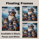 Mother Collie Dog and Three Puppies in Patriotic Hats and Capes by a Mountain Lake on Ready to Hang 1.5" Thick Canvas Wrap, Floating Framed Canvas, Flat Rolled Canvas