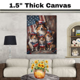 Mother Collie Dog and Three Puppies in Patriotic Hats and Flag-Themed Bandanas on Ready to Hang 1.5" Thick Canvas Wrap, Floating Framed Canvas, Flat Rolled Canvas