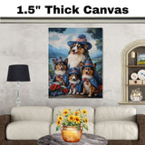 Mother Collie Dog and Three Puppies in Patriotic Hats and Capes by a Mountain Lake on Ready to Hang 1.5" Thick Canvas Wrap, Floating Framed Canvas, Flat Rolled Canvas