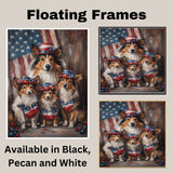 Mother Collie Dog and Three Puppies in Patriotic Hats and Flag-Themed Bandanas on Ready to Hang 1.5" Thick Canvas Wrap, Floating Framed Canvas, Flat Rolled Canvas