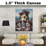 Mother Collie Dog and Three Puppies Wearing Patriotic Hats and American Flag Capes on Ready to Hang 1.5" Thick Canvas Wrap, Floating Framed Canvas, Flat Rolled Canvas
