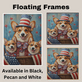Mother Corgi Dog and Three Puppies in Patriotic Hats and Bows with American Flag Accents on Ready to Hang 1.5" Thick Canvas Wrap, Floating Framed Canvas, Flat Rolled Canvas