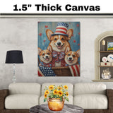 Mother Corgi Dog and Three Puppies in Patriotic Hats and Bows with American Flag Accents on Ready to Hang 1.5" Thick Canvas Wrap, Floating Framed Canvas, Flat Rolled Canvas