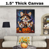 Corgi Dog Halloween Canvas Wall Art with Pumpkins Rustic Fall Accent for Cozy Autumn Homes and Dog Lovers on Ready to Hang 1.5" Thick Canvas Wrap, Floating Framed Canvas, Flat Rolled Canvas