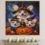 Corgi Dog Halloween Canvas Wall Art with Pumpkins Rustic Fall Accent for Cozy Autumn Homes and Dog Lovers on Ready to Hang 1.5" Thick Canvas Wrap, Floating Framed Canvas, Flat Rolled Canvas