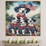 Mother Dalmatian Dog and Three Puppies in Patriotic Star Outfits with American Flag on Ready to Hang 1.5" Thick Canvas Wrap, Floating Framed Canvas, Flat Rolled Canvas