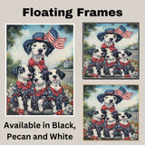 Mother Dalmatian Dog and Three Puppies in Patriotic Star Outfits with American Flag on Ready to Hang 1.5" Thick Canvas Wrap, Floating Framed Canvas, Flat Rolled Canvas