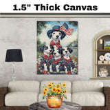 Mother Dalmatian Dog and Three Puppies in Patriotic Star Outfits with American Flag on Ready to Hang 1.5" Thick Canvas Wrap, Floating Framed Canvas, Flat Rolled Canvas
