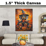 Dachshund Dog Halloween Canvas Wall Art with Pumpkins and Witch Hats Rustic Fall Accent for Cozy Autumn Homes on Ready to Hang 1.5" Thick Canvas Wrap, Floating Framed Canvas, Flat Rolled Canvas
