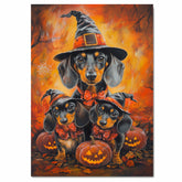 Dachshund Dog Halloween Canvas Wall Art with Pumpkins and Witch Hats Rustic Fall Accent for Cozy Autumn Homes on Ready to Hang 1.5" Thick Canvas Wrap, Floating Framed Canvas, Flat Rolled Canvas