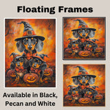 Dachshund Dog Halloween Canvas Wall Art with Pumpkins and Witch Hats Rustic Fall Accent for Cozy Autumn Homes on Ready to Hang 1.5" Thick Canvas Wrap, Floating Framed Canvas, Flat Rolled Canvas