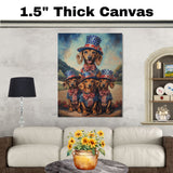 Mother Dachshund Dog and Three Puppies in Patriotic Stars and Stripes Outfits on Ready to Hang 1.5" Thick Canvas Wrap, Floating Framed Canvas, Flat Rolled Canvas