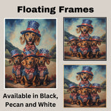 Mother Dachshund Dog and Three Puppies in Patriotic Stars and Stripes Outfits on Ready to Hang 1.5" Thick Canvas Wrap, Floating Framed Canvas, Flat Rolled Canvas